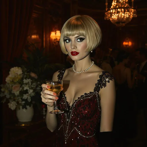 Prompt: Envision Edie Sedgwick, her iconic short hair glinting under the soft, warm glow of vintage chandeliers, as she stands elegantly in a 1930s cocktail dress adorned with delicate beads and intricate lace. The rich, deep jewel tones of the dress contrast beautifully with the opulent velvet drapes in the lavish speakeasy environment. Her expression is a mix of playful allure and wistful nostalgia, as she holds a sparkling cocktail glass lightly in one hand, the ice clinking with a soft, melodic sound. Around her, the ambiance is alive with laughter and the soft strains of jazz music, as lush greenery spills from ornate planters, enhancing the scene with a hint of surrealism. The setting is reminiscent of a glamorous film noir, captured in a cinematic lighting style that creates dramatic shadows and highlights across her figure.