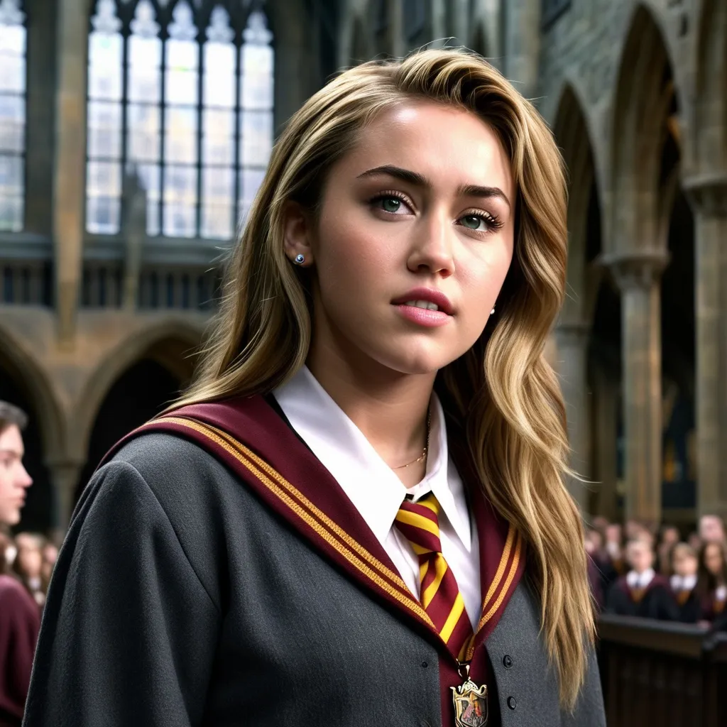 Prompt: Hyper realistic Miley Cyrus as a very detailed ultra hd 64k 3d quality Hermione Granger at Hogwarts background 