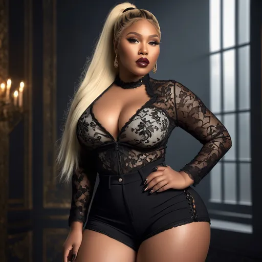 Prompt: photo of Lizzo thiccc blonde girl. High pony tail hair. thiccc, goth lips, intricate lacey outfit. very attractive. high detail realistic. thick thighs,  full body shot, professional photo. Studio lighting, backlit, realistic lighting. hdr uhd 8k ultra-realistic render,  very high detail skin, beautiful face, Dolce&Gabbana