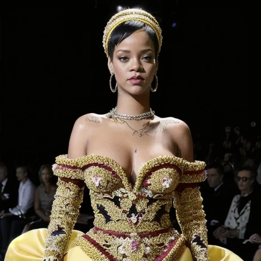 Prompt: (Rihanna x Dolce&Gabbana), glamorous fashion collaboration, striking elegance, luxurious designs, (vibrant colors), chic accessories, high-fashion poses, stylish atmosphere, (elegantly adorned background), high-energy vibe, (4K), stunning runway scene, intricate detailing, mesmerizing lighting, showcase of extravagant fabrics, haute couture fashion moments.