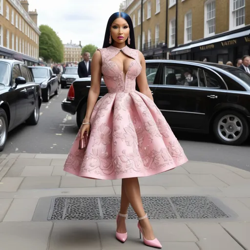 Prompt: Hyper Realistic and very detailed Nicki Minaj wearing a hyper realistic and very detailed Valentino 50s look with a very detailed Valentino dress and very detailed Valentino shoes in the centre of a very accurate 50s London 64k Hd, very accurate 3D 