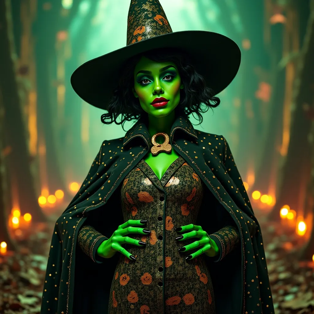 Prompt: Elphaba (the Wicked Witch of the West), wearing (Gucci attire), stylish and modern, striking pose, iconic green skin, mischievous expression, details of luxury fabrics and patterns, dramatic and vivid colors, enchanting atmosphere, high-quality fashion design, captivating background reminiscent of Oz, ultra-detailed, 4K resolution.