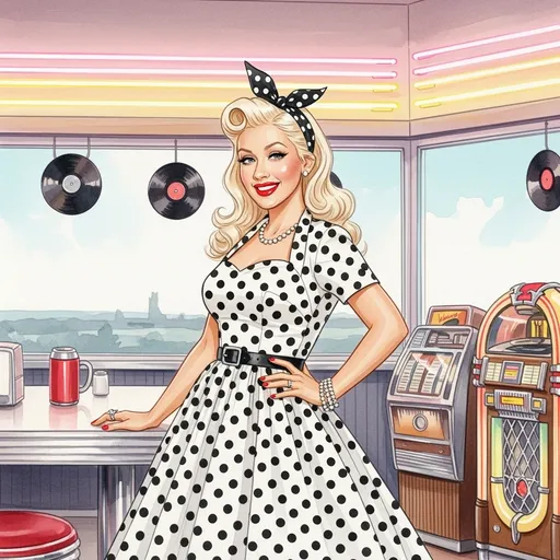 Prompt: Imagine Christina Aguilera styled in a vibrant 1950s pinup look, her glamorous hair cascading in soft, voluminous waves adorned with a playful polka dot headband. She stands in a sun-drenched retro diner, with neon lights casting a warm glow around her. in a dreamy watercolor illustration style. Christina strikes a confident pose, her hand on her hip, showcasing a polka-dot dress that cinches at the waist and flares out gracefully. She flashes a charming smile, her bright red lipstick mirroring the boldness of the era. In the background, classic records and vintage jukeboxes enhance the nostalgic atmosphere, evoking a sense of playful elegance from the golden age of Americana.