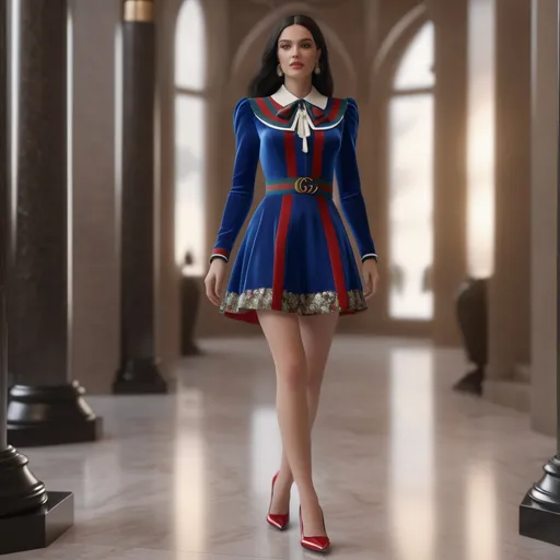 Prompt: Hyper realistic 64k 3d Biancaneve in hyper realistic and very detailed 64 3d hd, wearing mini dress Gucci and heels outfit, very detailed Gucci mini dress 64k Reflex ultra hd quality and very detailed Gucci heels 64k ultra hd quality 