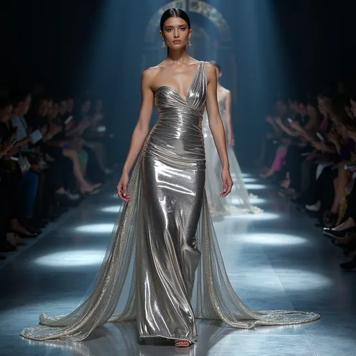 Prompt: (Versace Metallic dress), luxurious design, shimmering silver tones, high-fashion, dramatic, elegant folds flowing, ultra-detailed fabric textures, opulent atmosphere, spotlight highlighting the dress, captivating signature style, stylish runway setting, vibrant reflections, fashion photography, 4K quality, striking silhouette, contemporary elegance.