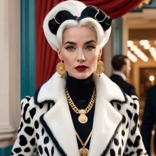Prompt: Hyper realistic Cruella wearing a very detailed Versace Outfit in a Wes Anderson Movie avoiding pink