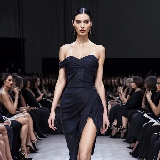 Prompt: (Prada dress), high-fashion design, elegantly draped fabric, modern silhouette, sophisticated detailing, chic ensemble, vibrant color palette, luxurious texture, captivating atmosphere, a stylish model exuding confidence, dramatic lighting enhancing features, upscale runway setting, fashionista vibe, ultra-detailed, HD.