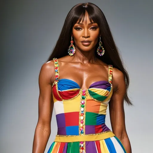 Prompt: Naomi Campbell wearing a special Dolce&Gabbana dress Pride Month edition 