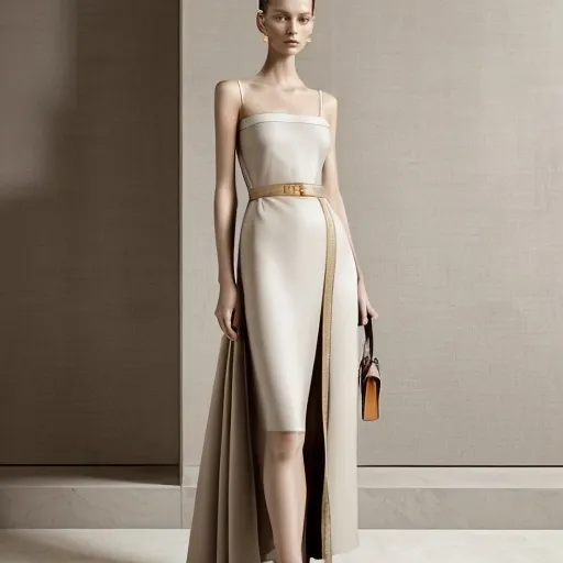 Prompt: Loewe dress, (luxurious design), (high fashion style), muted color palette, elegant textures, sophisticated accessories, clean lines, artistic flair, modern couture, chic ambiance, luxurious materials, minimalist composition, imagery of craftsmanship, suitable for high-end fashion branding, (ultra-detailed) representation, (4K) resolution, striking visual appeal.