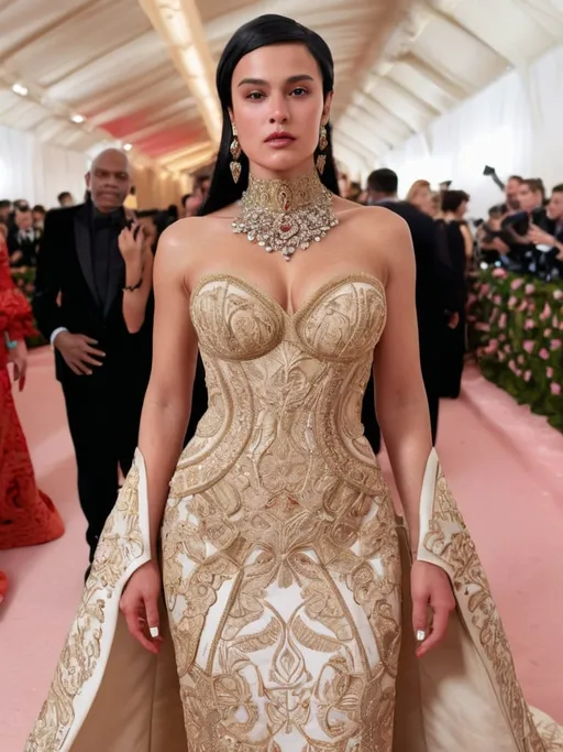 Prompt: Realistic depiction of the Met Gala event, celebrity attendees in high fashion outfits, detailed facial expressions and accessories, red carpet glamour, intricate embroidery and luxurious fabrics, photorealistic, high quality, detailed realism, Met Gala, celebrity fashion, red carpet, luxurious fabrics, detailed facial expressions, glamorous event, intricate embroidery, high fashion, accessories, photorealism, realistic lighting