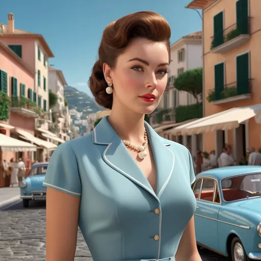 Prompt: Hyperrealistic 3D rendering of Annalisa in 50s Italian Capri fashion, photorealistic, accurate facial features, Prada outfit, high resolution 64k, detailed textures, realistic lighting, Capri street backdrop, sophisticated, elegant, photorealism, Italian fashion, 50s style, high quality, Prada, detailed design, accurate portrayal, realistic rendering, lifelike, professional, professional lighting