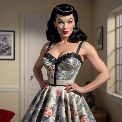 Prompt: Very detailed and hyper realistic Bettie Paige wearing a hyper realistic and very detailed  Valentino dress 64k, ultra hd, 3d quality  500mpx reflex 
