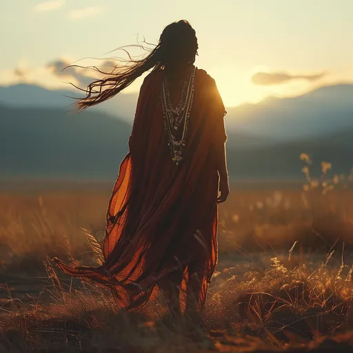 Prompt: (Apache), majestic, wind-swept mountains in the background, rich earth tones, warm sunset hues, reflective planning amidst cultural significance, powerful silhouette, element of nature and history intertwined, intricate details in attire, authentic lifestyle, evoking deep respect and admiration, (ultra-detailed), (4K), (cinematic ambiance).