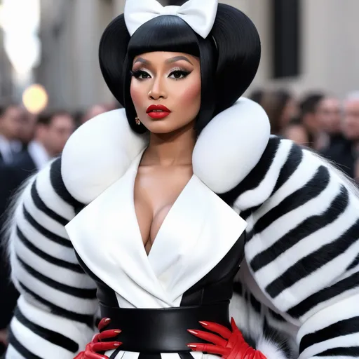 Prompt: A hyper realistic Nicki Minaj as Cruella in a Valentino very detailed and accurated 64k quality HD 3D outfit