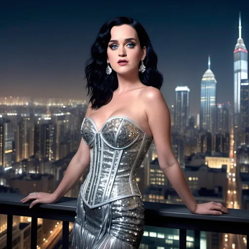 Prompt: Delicate gorgeous Katy Perry overlooking city from balcony, short stylish and long hair with fringe, photorealism, silver sequinned and glittered Dolce&Gabbana corset longdress in a metropolitan nightscape, skyscrapers, highly detailed, 8k photo, photorealistic, delicate beauty, intricate details, city lights, atmospheric lighting