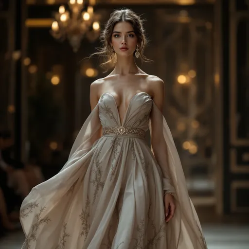 Prompt: elegant Armani dress, high-fashion, luxurious fabric, intricate detailing, sophisticated silhouette, female model showcasing dress, muted color palette with rich textures, soft ambient lighting, stylish accessories, sophisticated backdrop with elegant decor, high-quality 4K resolution, fashion editorial style, runway atmosphere, artistic photography, glamorous vibes