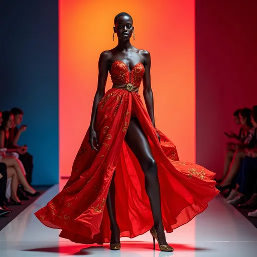 Prompt: (Alek Wek wearing Moschino dress), striking pose, elegant and bold design, vibrant colors, high-fashion ambiance, full-length portrait, capturing attention, ultra-detailed, glossy finish, soft lighting, dramatic shadows, artistic expression embodying confidence, runway vibes, stylish accessories, fashionable footwear, luxurious backdrop, fashion photography with a contemporary flair, 4K resolution.