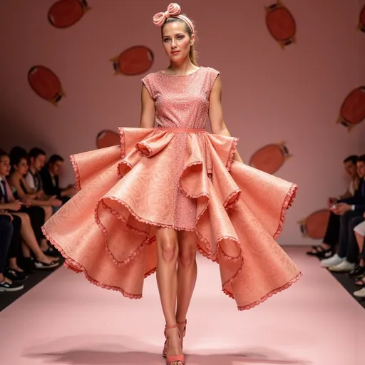 Prompt: (Mortadella dress), whimsical fashion design, vibrant pink and soft beige tones, playful textures mimicking mortadella slices, ultra-detailed patterns, exaggerated silhouette, dynamic flow, artistic flair, light-hearted ambiance, creative background incorporating culinary elements and subtle food motifs, stylish presentation on an elegant runway, high fashion vibe, chic atmosphere, HD quality.