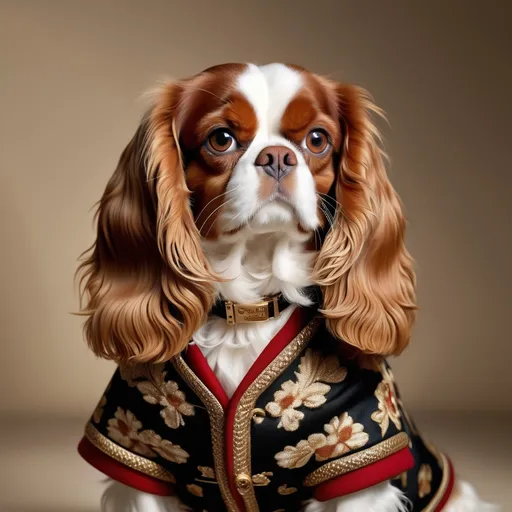 Prompt: Cavalier King Charles Spaniel wearing a (stylish) Dolce&Gabbana pet coat, (elegant) pose, (luxurious) fabric and design, (high fashion) vibe, warm and inviting colors, beautifully detailed fur, (posh) accessories like a matching collar, subtle lavish background with a (soft-focus) ambiance, (4K) ultra-detailed, sophisticated and charm-filled atmosphere.