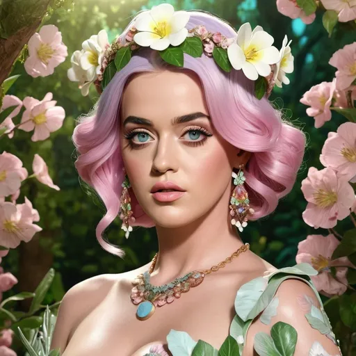 Prompt: HD 4k 3D Katy Perry hyper realistic, professional modeling, ethereal Greek goddess of spring, pastel pink hair, pale skin, gorgeous face, floral embroidered gown, pastel jewelry and floral crown, full body, embodiment of Springtime, lush greenery, vegetation, and flora, detailed, elegant, ethereal, mythical, Greek, goddess, surreal lighting, majestic, goddesslike aura wearing Valentino 