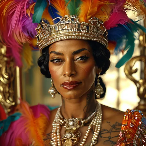 Prompt: (Beyoncé as Josephine Baker), vibrant colors, glamorous 1920s attire, dazzling feathers and sequins, iconic cross-armed pose, captivating smile, (dramatic lighting), rich backdrop with vintage Parisian elements, lively ambiance reflecting the Jazz Age, elegant and powerful, (ultra-detailed), expressing confidence and artistry, cultural celebration, strong femininity, luxurious and bold.