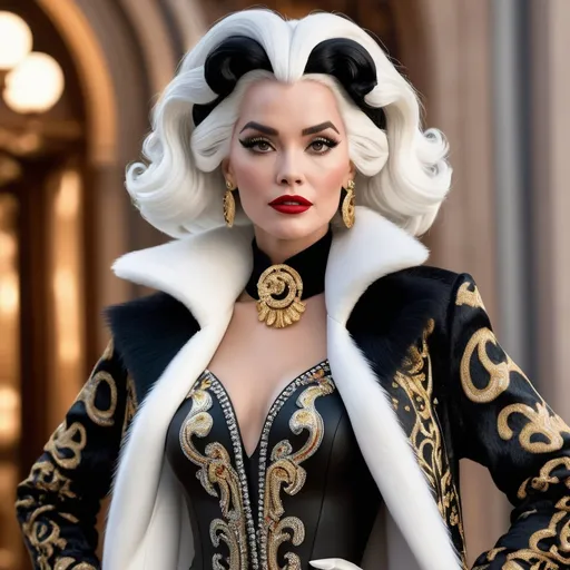 Prompt: Hyper realistic Cruella wearing a very detailed Versace Outfit in a Disney Movie