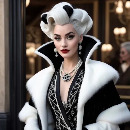Prompt: Hyper realistic Cruella wearing a very detailed Chanel Outfit in a Disney Movie