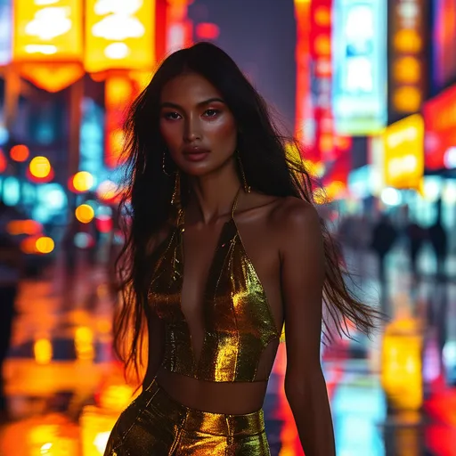 Prompt: (Native American top model), wearing dazzling (golden hot pants), elegantly striding through vibrant Shanghai streets, illuminated by colorful city lights, modern skyscrapers reflecting a lively atmosphere, stylish and confident pose, warm hues highlighting the evening ambiance, bustling urban background, ultra-detailed, photorealistic depiction showcasing fashion and dynamic energy.