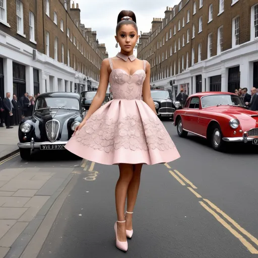 Prompt: Hyper Realistic and very detailed  Ariana Grande wearing a hyper realistic and very detailed Valentino 50s look with a very detailed Valentino dress and very detailed Valentino shoes in the centre of a very accurate 50s London 64k Hd, very accurate 3D 