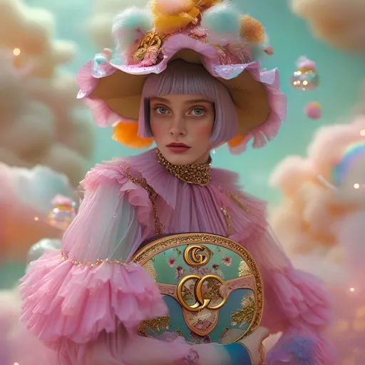 Prompt: (Glinda wearing Gucci), a whimsical character inspired by a fantasy world, elegant gown layered with (vibrant pastels), adorned with subtle sparkles, stylish handbag with the iconic Gucci print, surrounded by magical elements like floating orbs or soft clouds, cheerful and enchanting ambiance, set against a dreamy, surreal background with a warm, ethereal glow, ultra-detailed, high-quality illustration.