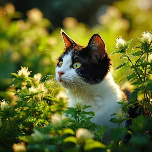 Prompt: (catnip plant), vibrant green foliage, (soft and alluring) texture, delicate white flowers, sunny garden background, whimsical atmosphere, enchanting vibes, warm sunlight casting soft shadows, (HD) quality, inviting feeling of serenity, showcasing nature's beauty, lush surroundings, detailed presentation of the plant's characteristics.