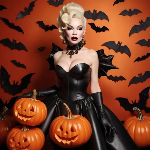 Prompt: (Amanda Lepore), glamorous portrait, (Dolce&Gabbana latex dress), Halloween-themed, festive pumpkin patterns, vibrant fall colors, striking contrasts, hauntingly beautiful ambiance, warm orange and rich black tones, dramatic lighting to highlight the outfit, playful yet chic vibe, (ultra-detailed), festive and glamorous atmosphere, set against a whimsical Halloween-inspired background, conveying both elegance and celebration.