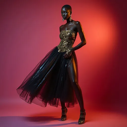 Prompt: (Alek Wek wearing Moschino dress), striking pose, elegant and bold design, vibrant colors, high-fashion ambiance, full-length portrait, capturing attention, ultra-detailed, glossy finish, soft lighting, dramatic shadows, artistic expression embodying confidence, runway vibes, stylish accessories, fashionable footwear, luxurious backdrop, fashion photography with a contemporary flair, 4K resolution.