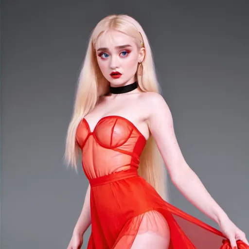 Prompt: Kim Petras wearing red transparent chiffon dress 