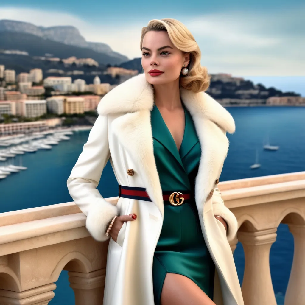 Prompt: Hyper-realistic full-body photography illustration of Margot Robbie as Grace Kelly, detailed Gucci outfit, Monte Carlo Bay in the background, hyper-realistic, detailed features, realistic lighting, high quality, realistic view, professional, detailed, glamorous, actress, iconic, Gucci long fur jacket, Monaco, coastline, elegant, realistic setting, highres, detailed portrait, 64k reflex 