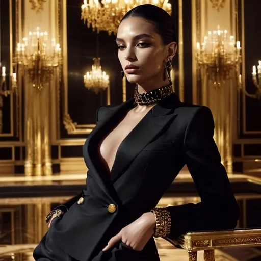 Prompt: YSL suit, (fashion masterpiece) sleek design, luxurious black fabric, (high-fashion aesthetic), elegant silhouette, dramatic pose on a stylish model, vibrant background with an opulent atmosphere, golden accents, illuminated with soft, warm lighting, captivating ambiance, ultra-detailed, high-quality, visually striking composition.