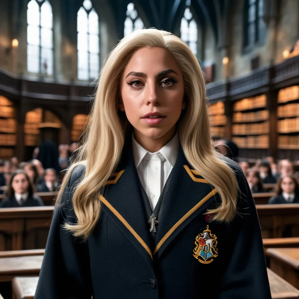 Prompt: Hyper realistic Lady Gaga as a very detailed ultra hd 64k 3d quality Hermione Granger at Hogwarts background 