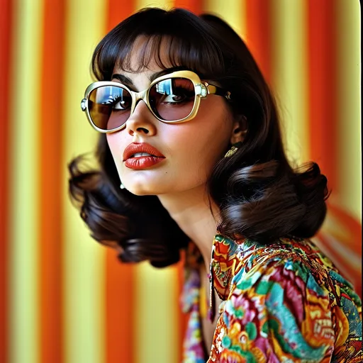 Prompt: (Young Sofia Loren with fringe and 70s look), vibrant colors, retro style, (dramatic lighting), flowing patterned dress, oversized sunglasses, bold makeup, iconic hairstyle, nostalgic atmosphere, warm tones, perfectly capturing 70s fashion, vintage photography aesthetic, soft-focus background, high quality, ultra-detailed, reminiscent of classic cinema moments.