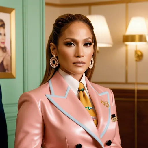 Prompt: Hyper realistic Jennifer Lopez wearing a Miu Miu outfit in a Wes Anderson Movie 