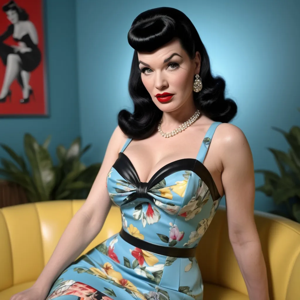 Prompt: Very detailed and hyper realistic Bettie Paige wearing a hyper realistic and very detailed Prada dress 64k, ultra hd, 3d quality  500mpx reflex 