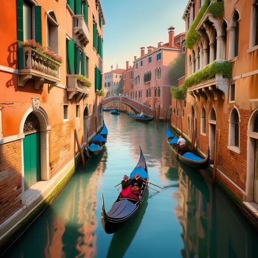 Prompt: (Venice scene), vibrant canals, gondolas floating serenely, sunlit reflections on water, historic architecture with intricate details, gondoliers in traditional attire, lush greenery along the waterways, (warm tones) of sunset, atmospheric mist adding depth, bustling markets nearby, engaging tourists enjoying the ambiance, charming bridges with ornate designs, (ultra-detailed) and (HD) quality.