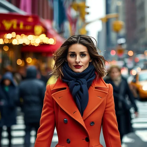 Prompt: (Olivia Palermo), striding confidently through the bustling streets of New York City, fashionable urban outfit, stylish accessories, vibrant colors, high energy atmosphere, iconic skyline backdrop, cinematic lighting, ultra-detailed composition, showcasing a blend of elegance and modernity, capturing the essence of New York’s chic lifestyle, glamourous and vibrant environment.