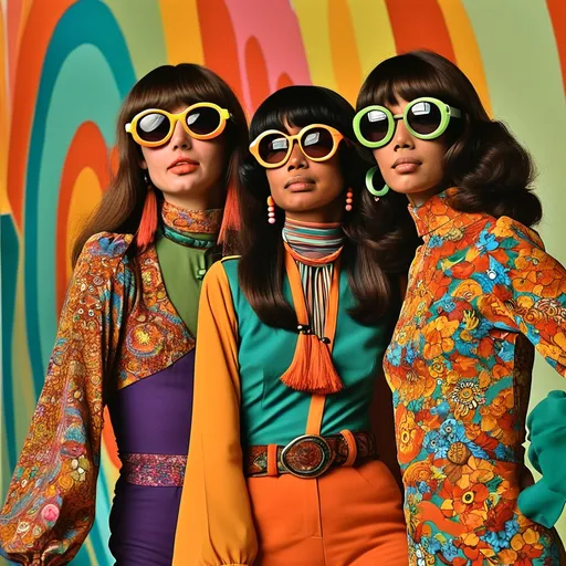 Prompt: (vintage 70s look), nostalgic style, warm color tones, groovy patterns, retro fonts, bell-bottom jeans, psychedelic swirls, iconic accessories like oversized sunglasses, vibrant atmosphere, textured backgrounds reminiscent of the era, cheerful vibe, capturing the essence of 1970s fashion and culture, ultra-detailed, high quality, perfect for evoking a sense of nostalgia.