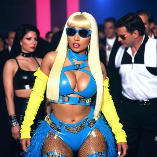 Prompt: Nicki Minaj wearing a very accurated look as rave dancer in the 1990s in Madrid 3d quality 64k Hd 