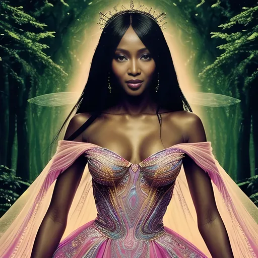 Prompt:  Naomi Campbell  (ethereal allure), vibrant colors, intricate patterns, dreamy atmosphere, soft lighting, elegant dress flowing, glimmering details, lush background, enchanting vibe, high detail, artistic masterpiece, mystical elements, whimsical context, a character full of charm, captivating gaze, surrounded by nature's beauty, HD ultra-detailed.