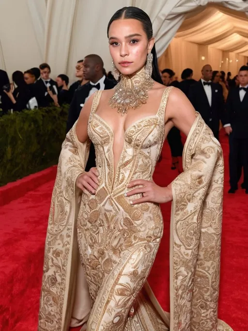 Prompt: Realistic depiction of the Met Gala event, celebrity attendees in high fashion outfits, detailed facial expressions and accessories, red carpet glamour, intricate embroidery and luxurious fabrics, photorealistic, high quality, detailed realism, Met Gala, celebrity fashion, red carpet, luxurious fabrics, detailed facial expressions, glamorous event, intricate embroidery, high fashion, accessories, photorealism, realistic lighting
