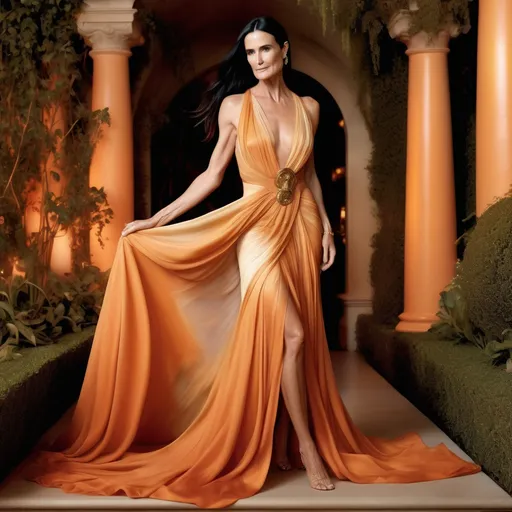 Prompt: Demi Moore in a flowing Versace pumpkin-inspired silk dress ethereal elegance, delicate fabric draping, warm pastel colors, soft light illuminating the scene, serene ambiance, graceful pose, intricate pumpkin details on the dress, enchanting background of a twilight garden, ultra-detailed, cinematic quality, whimsical atmosphere.