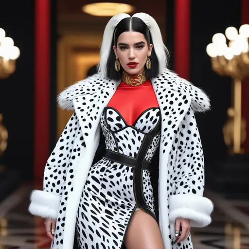 Prompt: A hyper realistic Dua Lipa as Cruella in a  Versace very detailed and accurated 64k quality HD 3D outfit