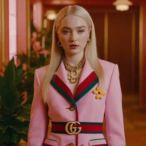 Prompt: Kim Petras wearing Gucci in a Wes Anderson movie 