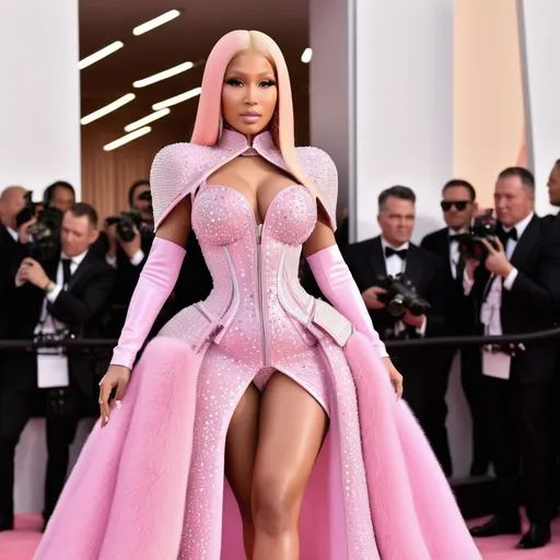 Prompt: Highly detailed image of Nicki Minaj wearing a very glamorous and high fashionable highly detailed 64k 3D pink dress by Mugler
